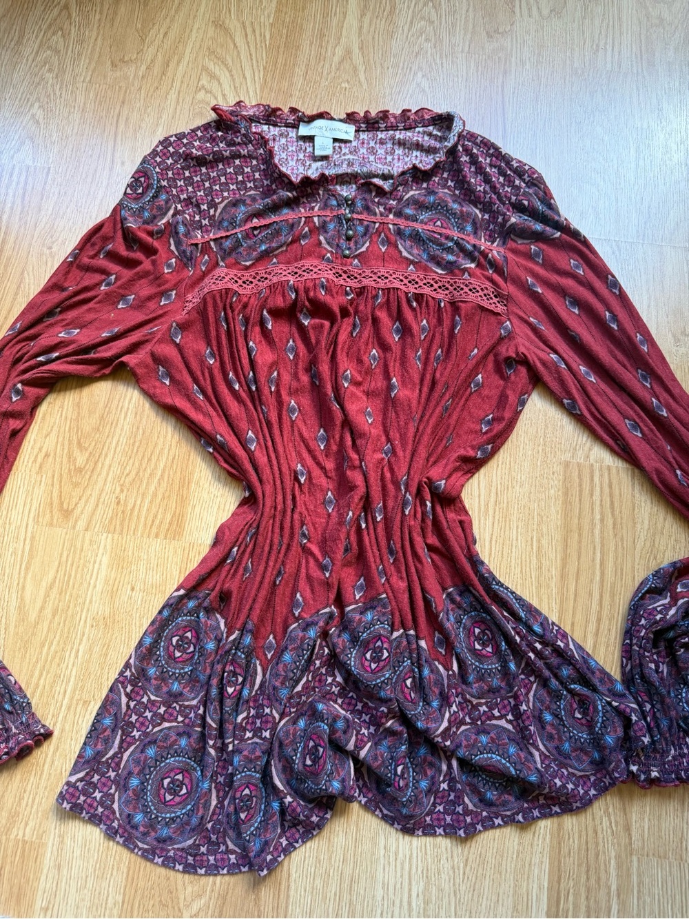 Rust red patterned boho peasant tunic